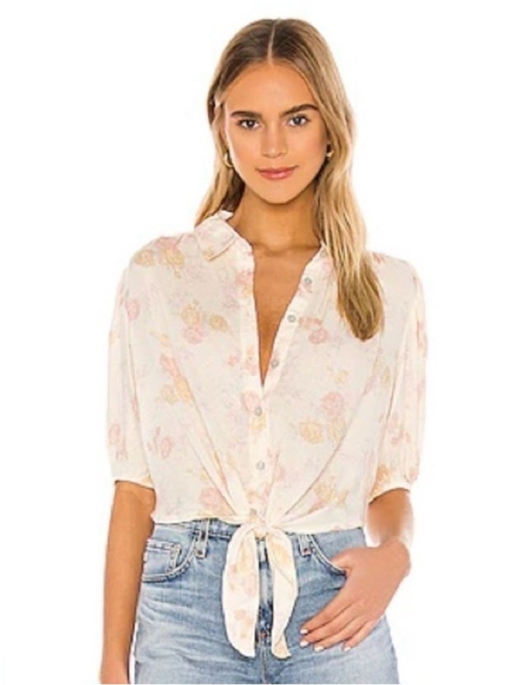 Free People Celia Printed Floral Blouse Ivory Pink Tie Front Puff Sleeve S - Picture 5 of 5